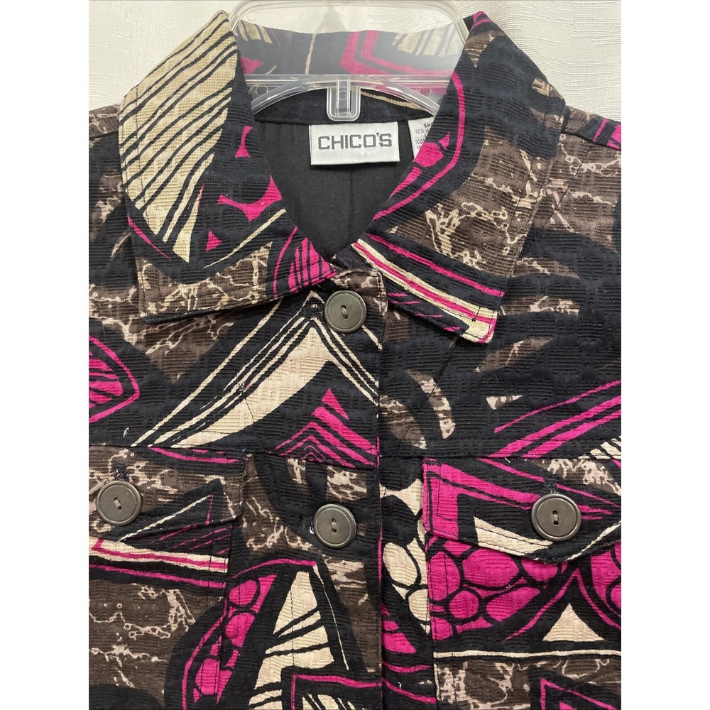 Chico's size 0 pink/black/beige Cotton button Front jacket, 3/4 sleeves Lined - Picture 2 of 14